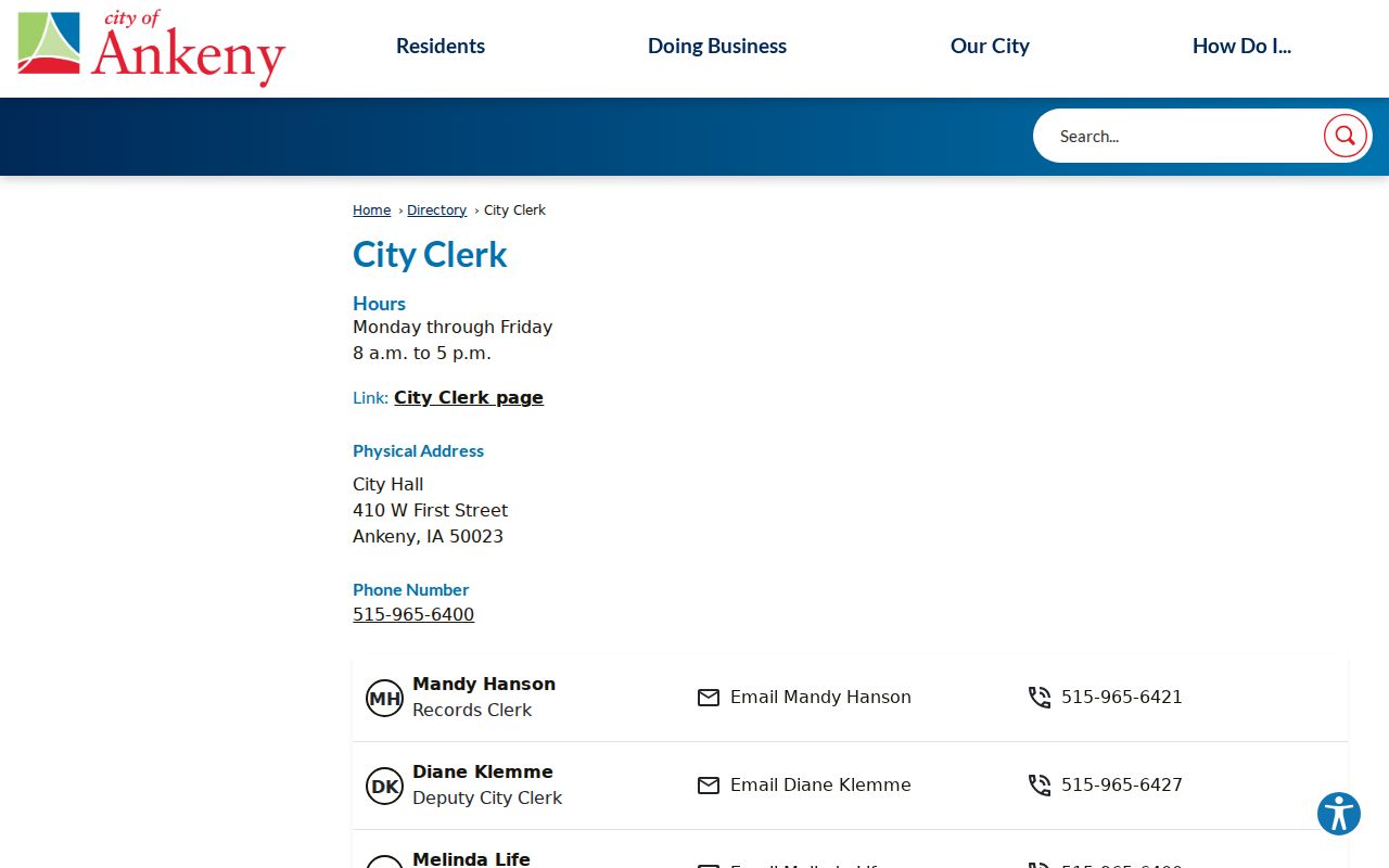 Ankeny City Clerk public staff directory for civic records questions